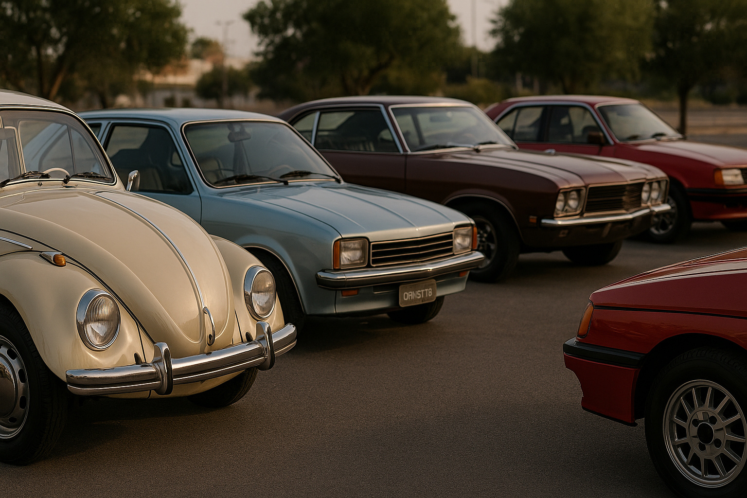 Carros clássicos brasileiros como Fusca, Chevette, Corcel e Maverick estacionados em exposição, representando modelos usados a partir de R$ 15 mil.