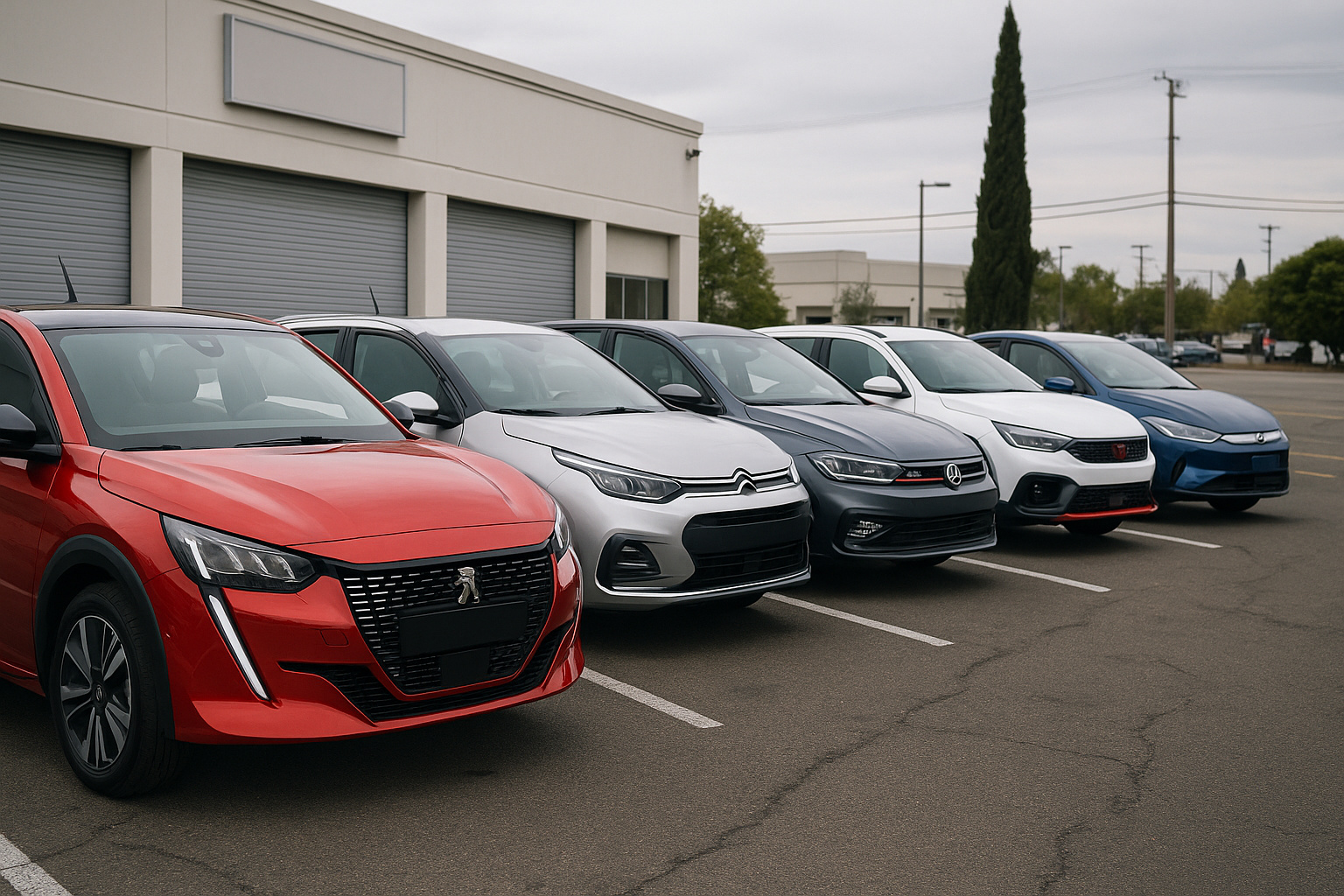 Seis carros usados seminovos alinhados em pátio de revenda, incluindo hatchs, sedãs e SUVs turbinados anunciados em 2024 no Brasil.