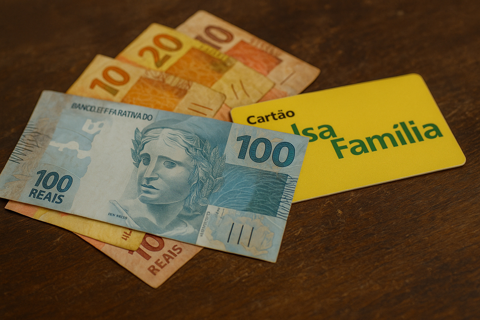 Cartão Bolsa Família ao lado de notas de reais sobre mesa de madeira