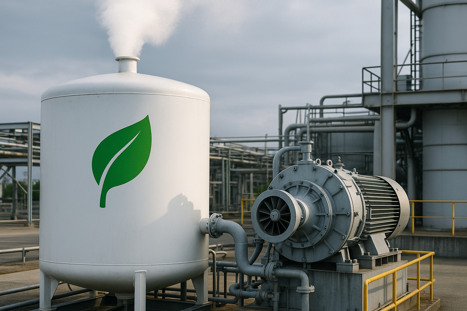 Tanque branco com símbolo de folha verde liberando vapor e conectado a turbina, ilustrando sistema sustentável de armazenamento de energia em ar líquido.