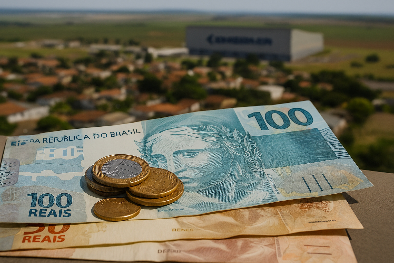 Vista de Gavião Peixoto com cédulas de real em destaque e a planta da Embraer ao fundo, simbolizando prosperidade econômica.