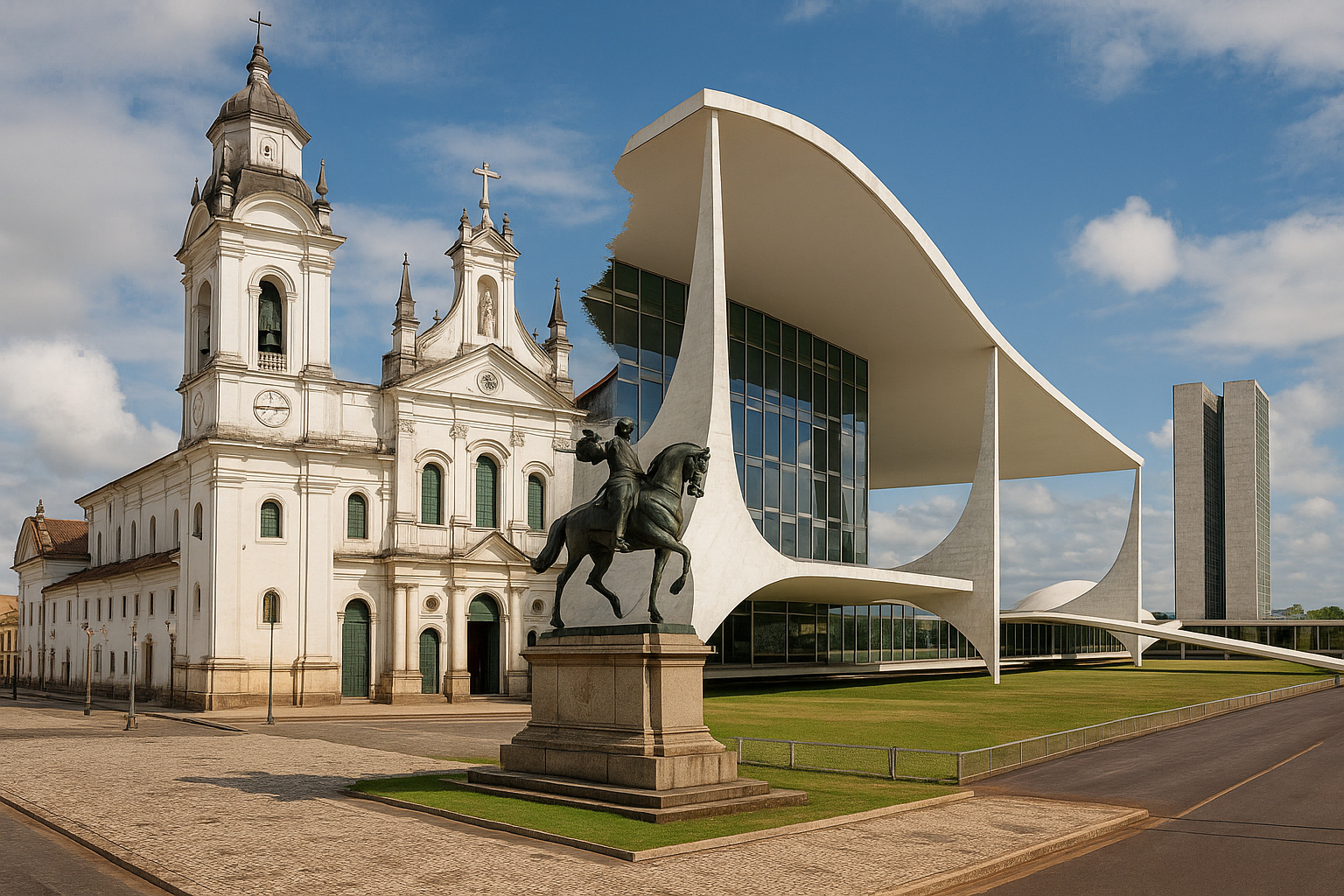 Símbolos de Belém e Brasília mesclados em imagem realista, representando a transferência simbólica da capital brasileira durante a COP30.