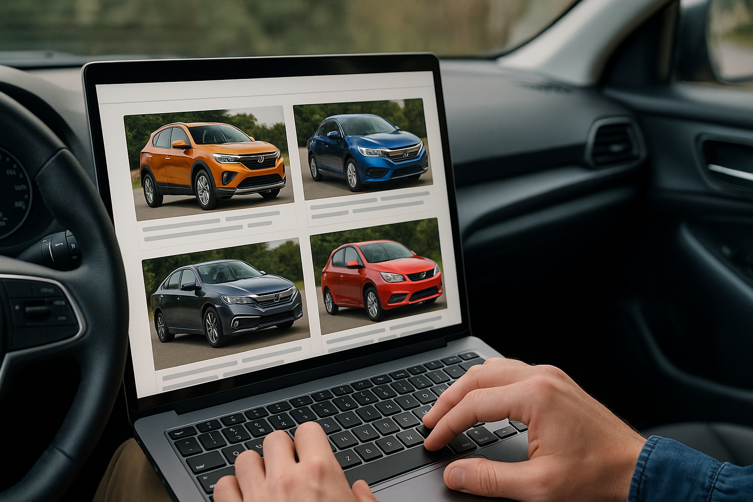 Pessoa navegando em site de carros no notebook dentro do veículo, representando pesquisa online por financiamento automotivo.