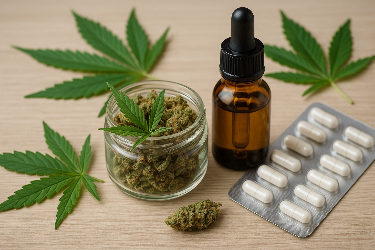 Produtos de cannabis medicinal no Brasil com óleo, cápsulas e flores de cânhamo em destaque