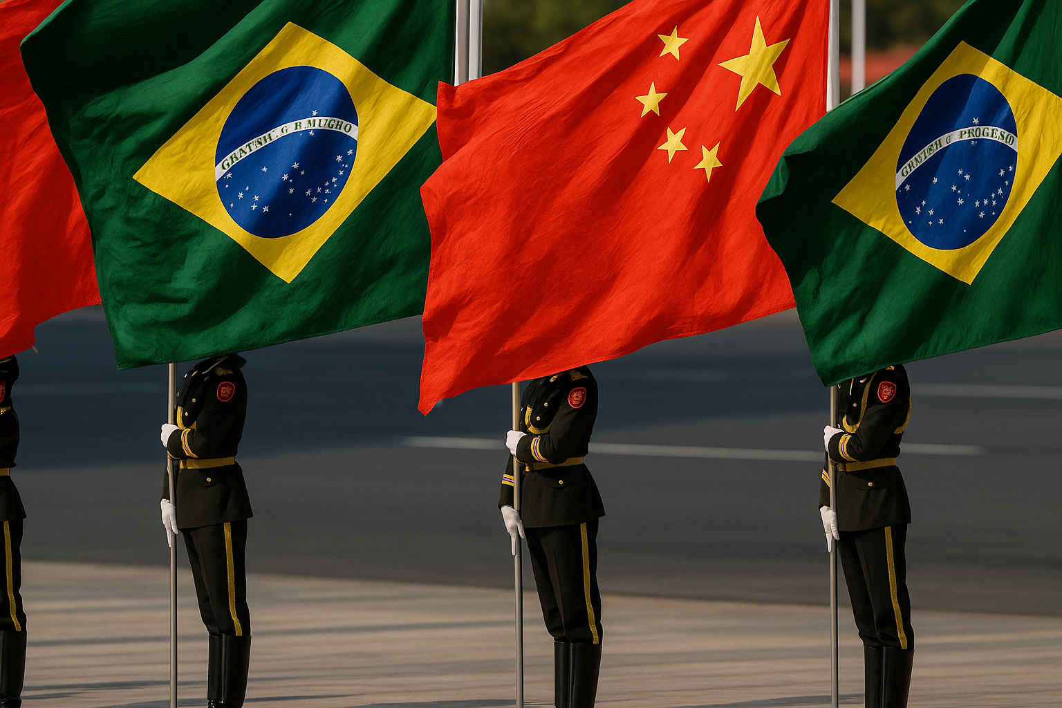 Soldados em cerimônia oficial carregam bandeiras do Brasil e da China durante evento diplomático em 2024