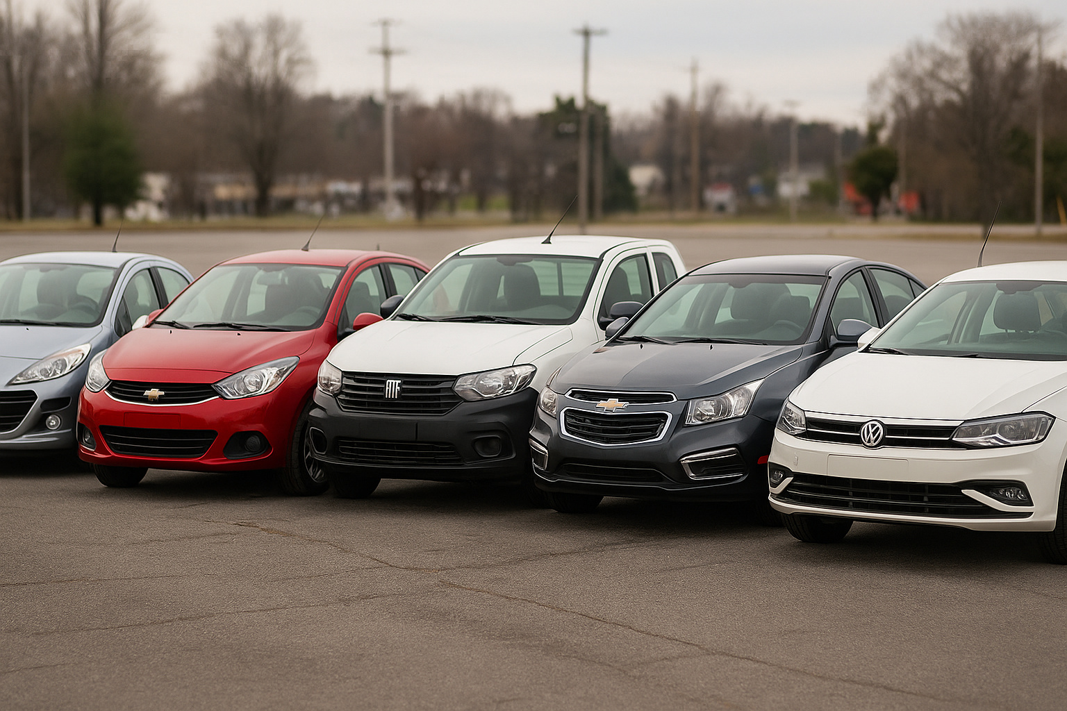 Seis carros usados 1.4 lado a lado, incluindo Peugeot 207, Fiat Palio, Chevrolet Onix, Fiat Strada, Chevrolet Cruze e Volkswagen Virtus