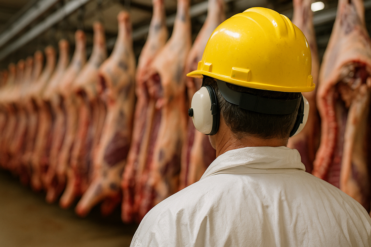 Fiscal inspeciona carcaças de carne bovina em frigorífico, simbolizando exportações de Mato Grosso do Sul afetadas pelo tarifaço de Trump.