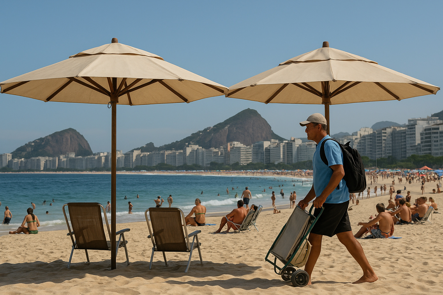 Praias do Rio de Janeiro com barracas padronizadas, quiosques e frequentadores aproveitando o verão sob o novo ordenamento da orla.