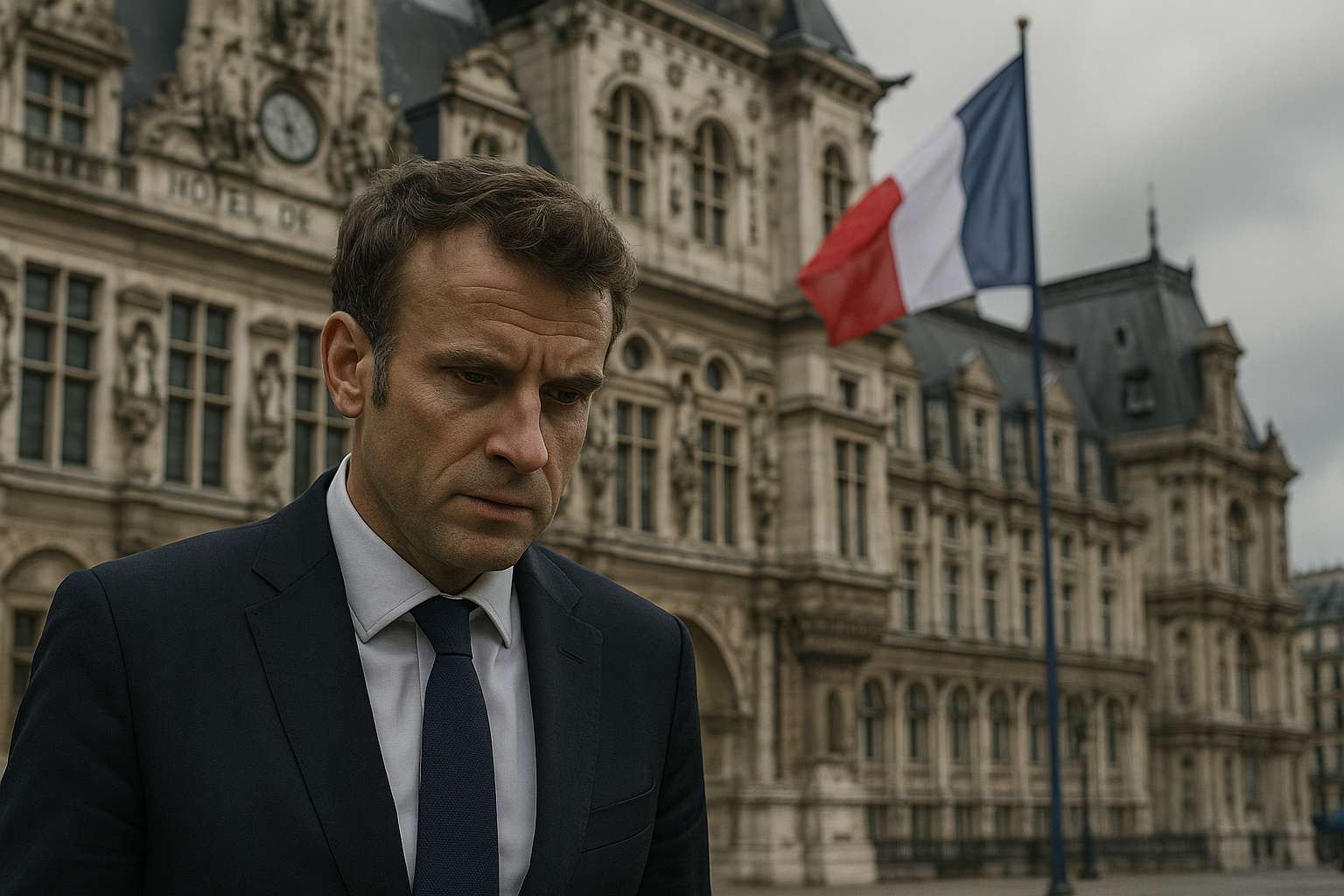 Presidente francês Emmanuel Macron diante de prédio histórico em Paris com bandeira da França, refletindo crise política e econômica.