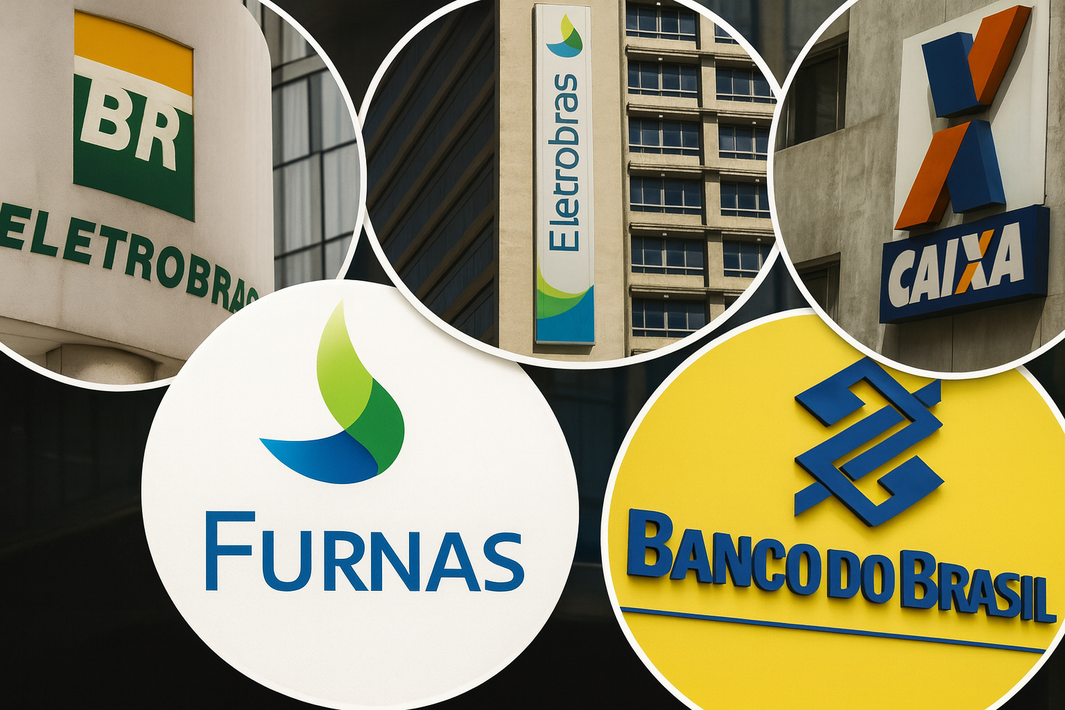 Logotipos de estatais brasileiras como Caixa, Banco do Brasil, Eletrobras e Furnas representando o impacto econômico em 2024.