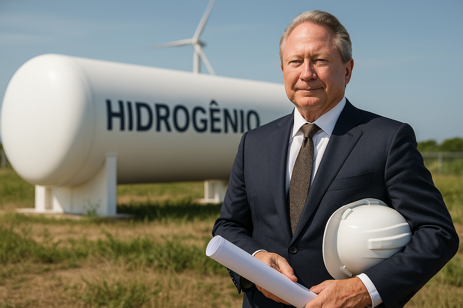 Bilionário investindo em hidrogênio verde no Complexo do Pecém com tanque marcado HIDROGÊNIO.
