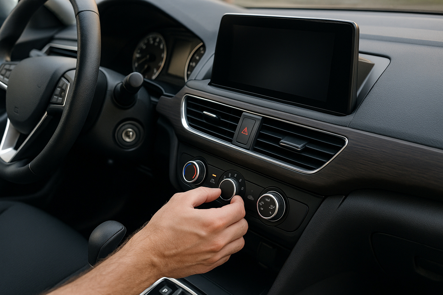 Motorista ajustando ar-condicionado do carro, representando aumento no consumo de combustível e impacto ambiental.