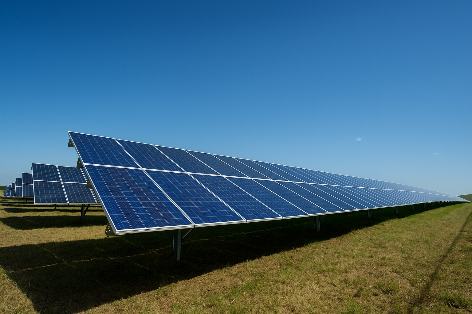 Painéis solares em campo aberto sob céu azul com poucas nuvens.
