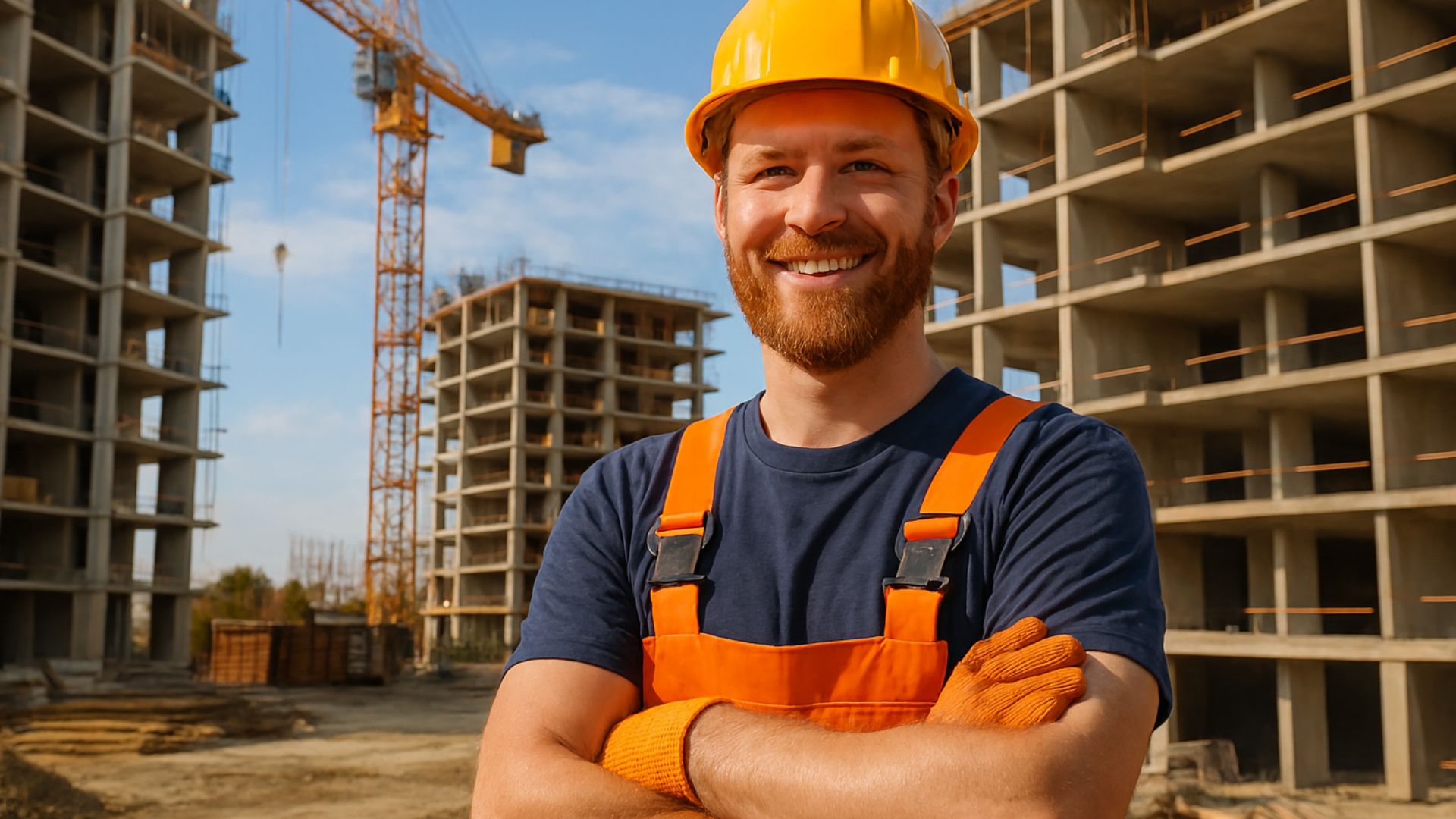 Trabalhador da construção civil sorridente em primeiro plano, com edifícios em construção e guindaste ao fundo em um canteiro de obras iluminado pelo sol
