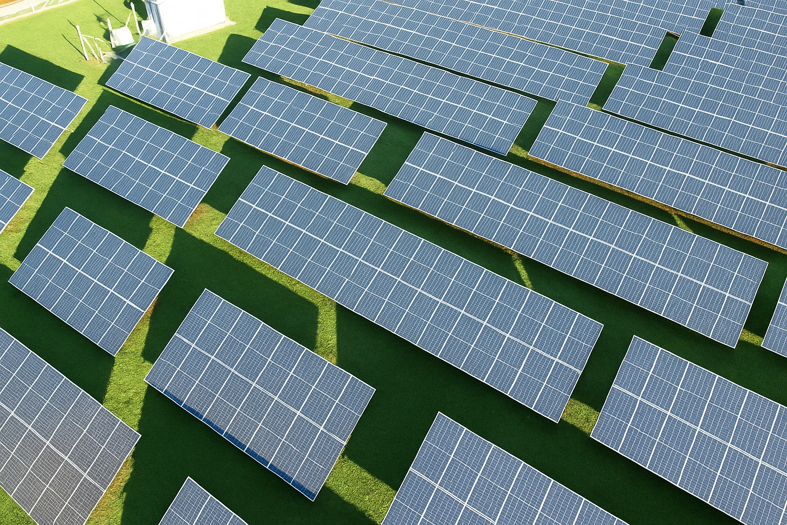 Vista aérea de um campo solar com vários painéis fotovoltaicos iluminados pelo sol da manhã.