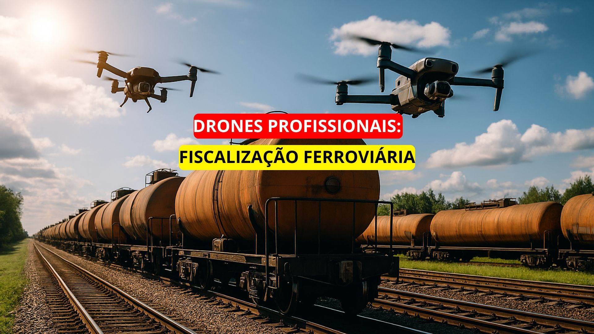 Drones profissionais sobrevoam trilhos ferroviários monitorando vagões-tanque em uma área rural, com céu parcialmente nublado ao fundo.