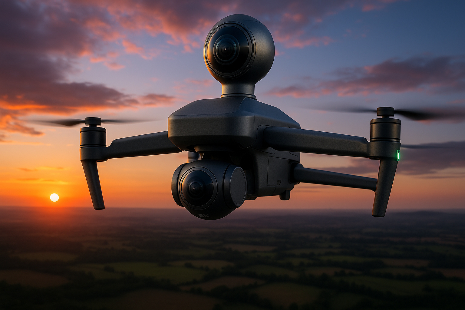 Drone Antigravity A1 filmando em 8K e 360 graus no céu durante o pôr do sol