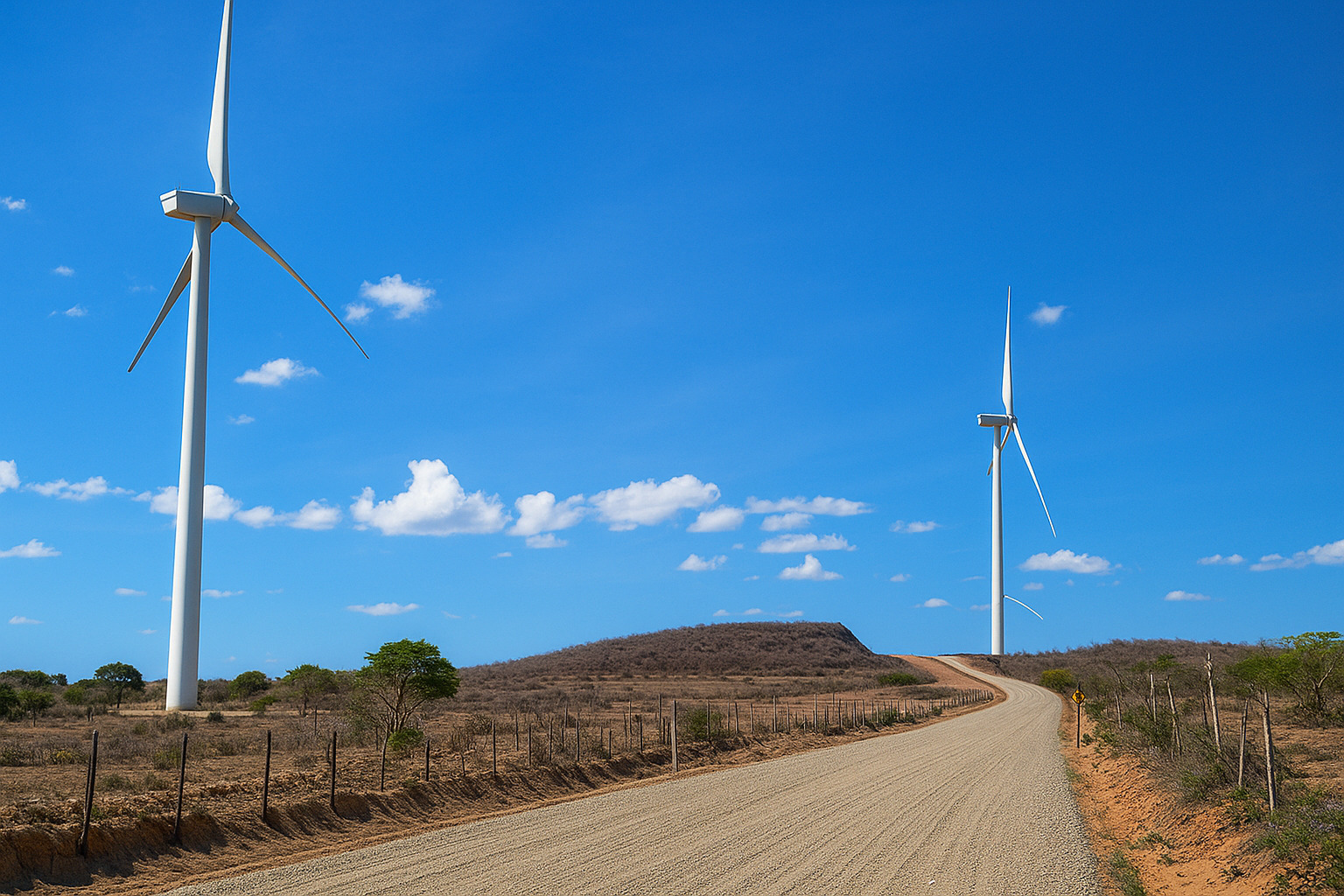 Torres eólicas em funcionamento sob céu claro ao meio-dia em área rural.