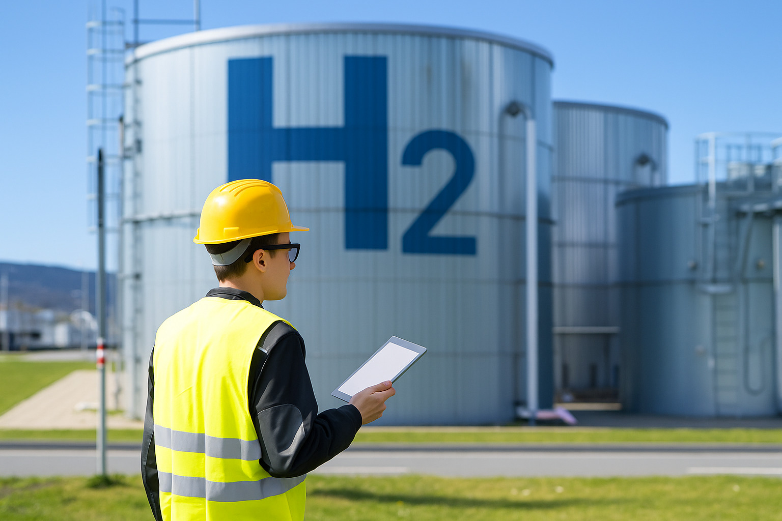 Trabalhador com capacete e colete refletivo inspeciona tanques de hidrogênio sob céu limpo.