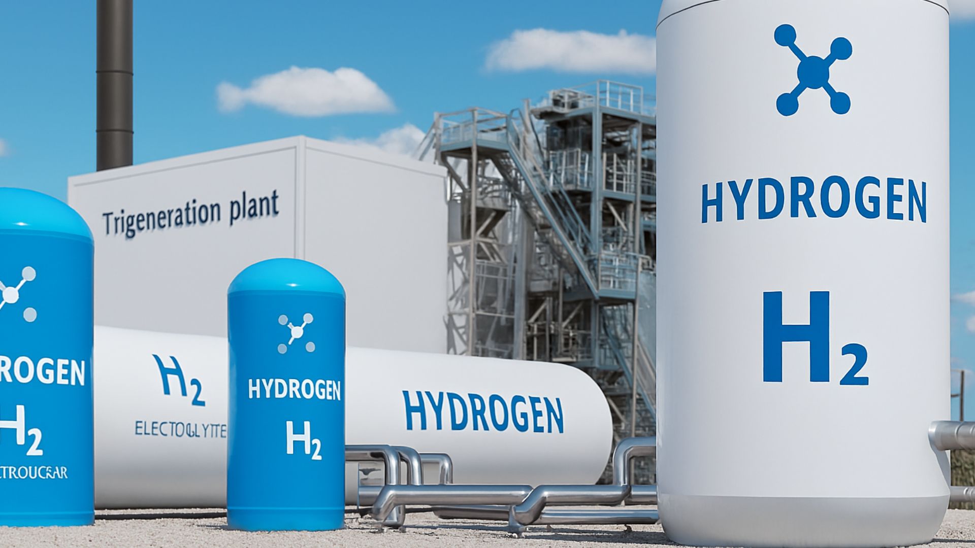Instalação industrial de produção de hidrogênio com eletrolisadores e tanque de armazenamento em ambiente limpo e moderno, sob céu azul.