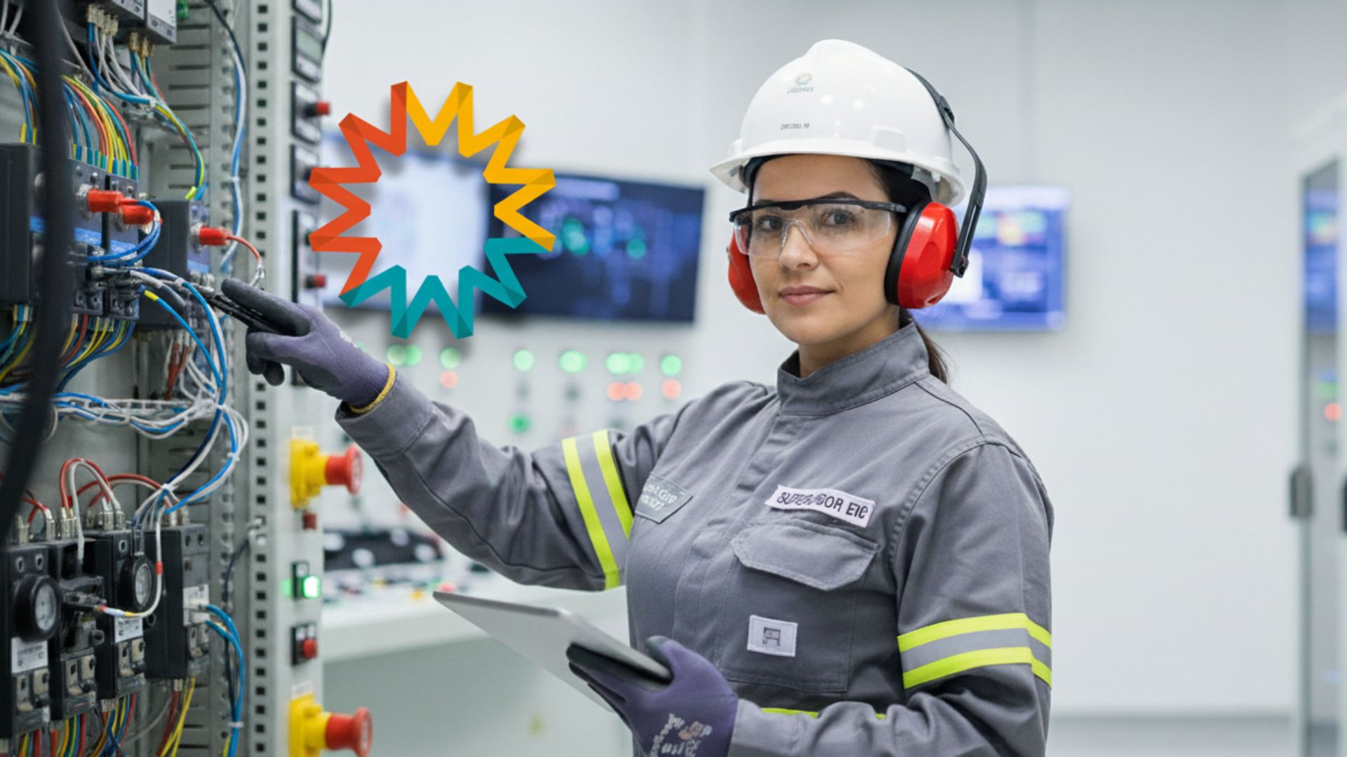 Profissional da Eneva operando painel de controle em ambiente industrial, com uniforme cinza, capacete branco e equipamentos de segurança.