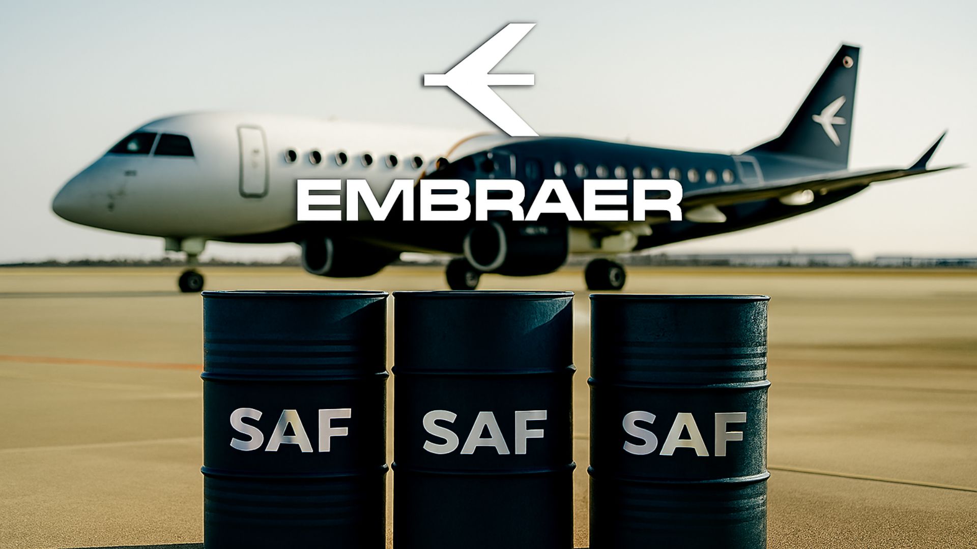 Avião da Embraer estacionado em aeroporto com três barris azuis de SAF em primeiro plano e logo da empresa em destaque