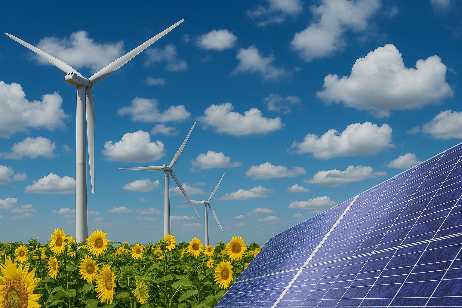 Painéis solares e turbinas eólicas em meio a campo de girassóis sob céu azul com nuvens.