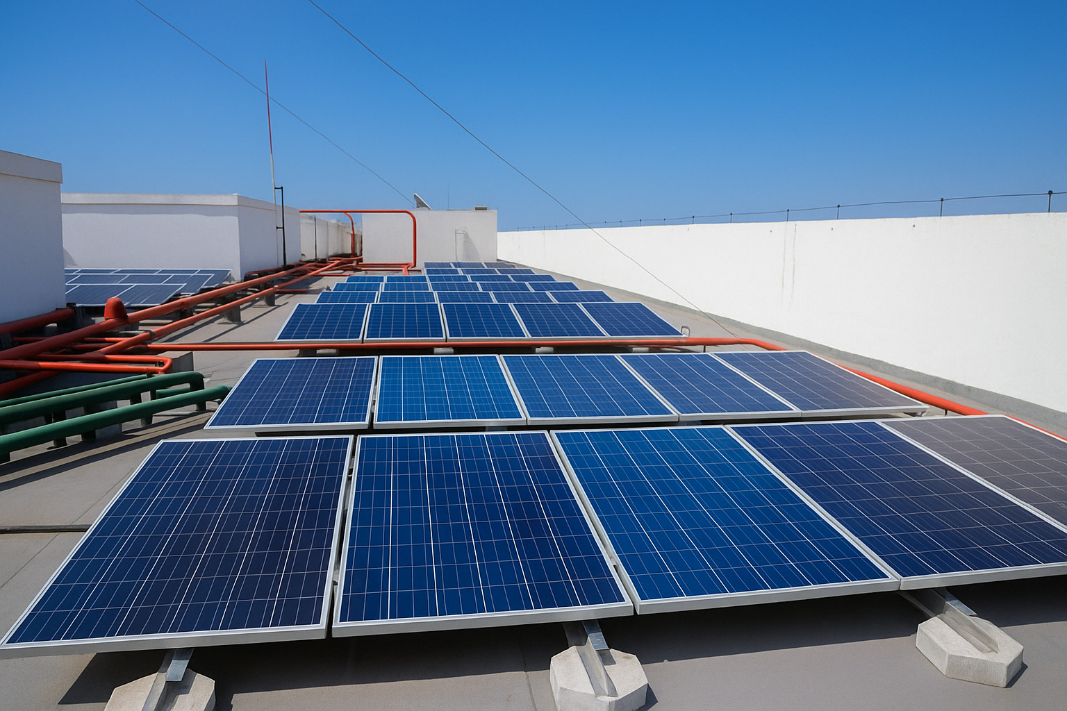 Painéis solares instalados em telhado com céu limpo ao fundo.