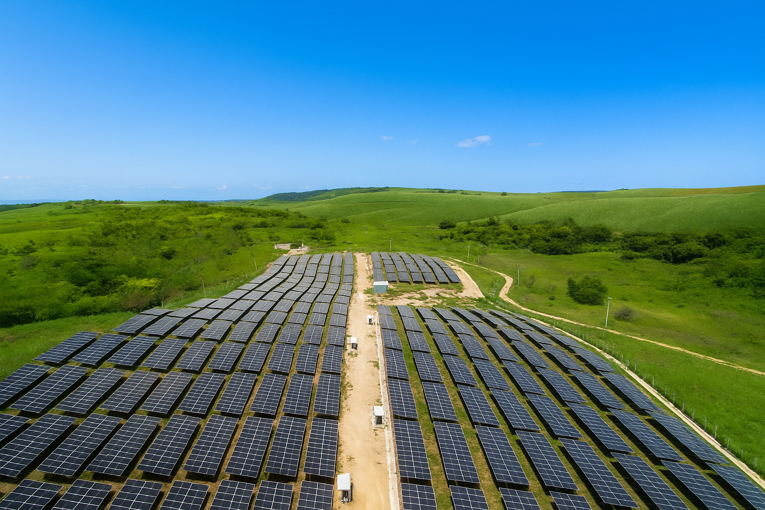 Vista aérea de usina solar em área verde com céu limpo ao fundo.