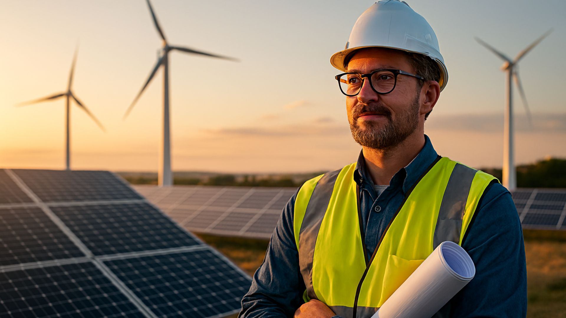 Engenheiro com capacete e colete refletivo em frente a painéis solares e turbinas eólicas ao pôr do sol, representando o setor de energia renovável.
