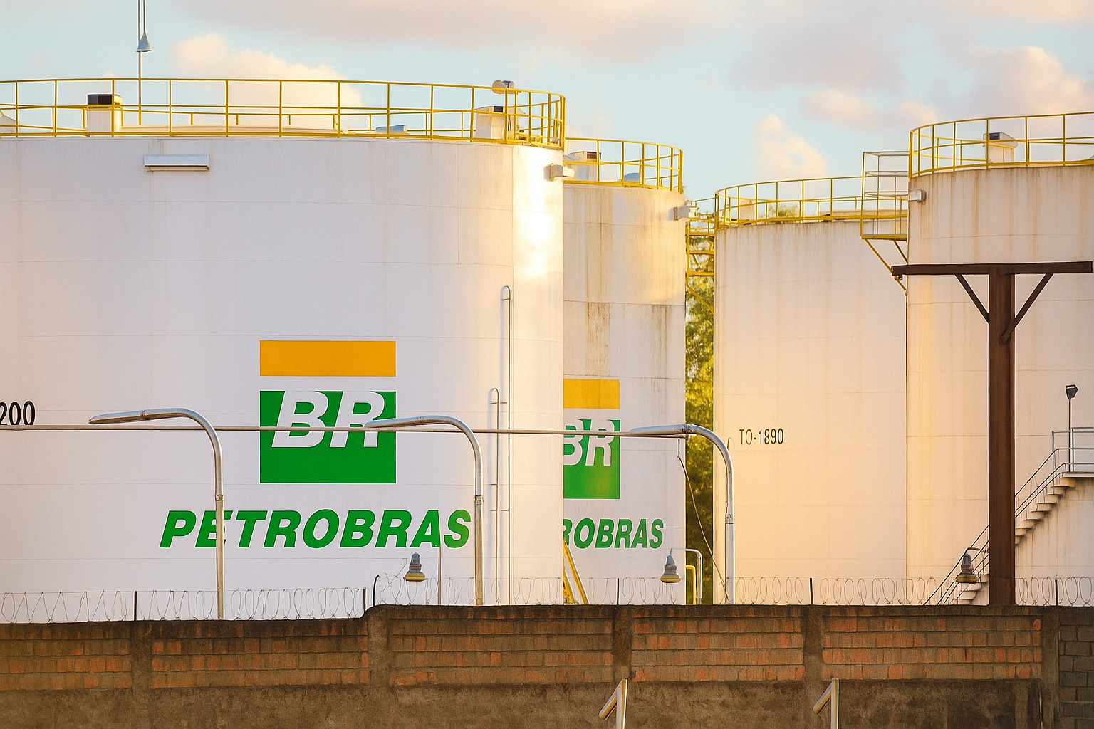Tanques de armazenamento da Petrobras com céu azul claro e nuvens parciais.