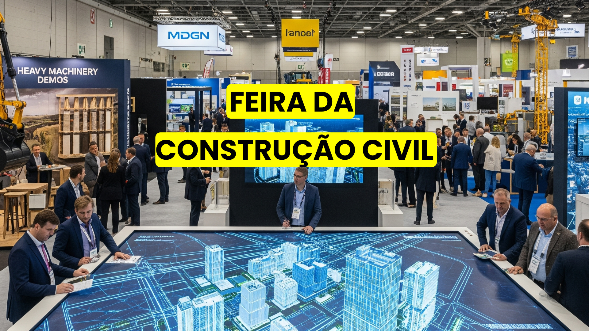 Feira da Construção Civil em Indaiatuba com visitantes interagindo com maquete digital de cidade e estandes de empresas do setor.