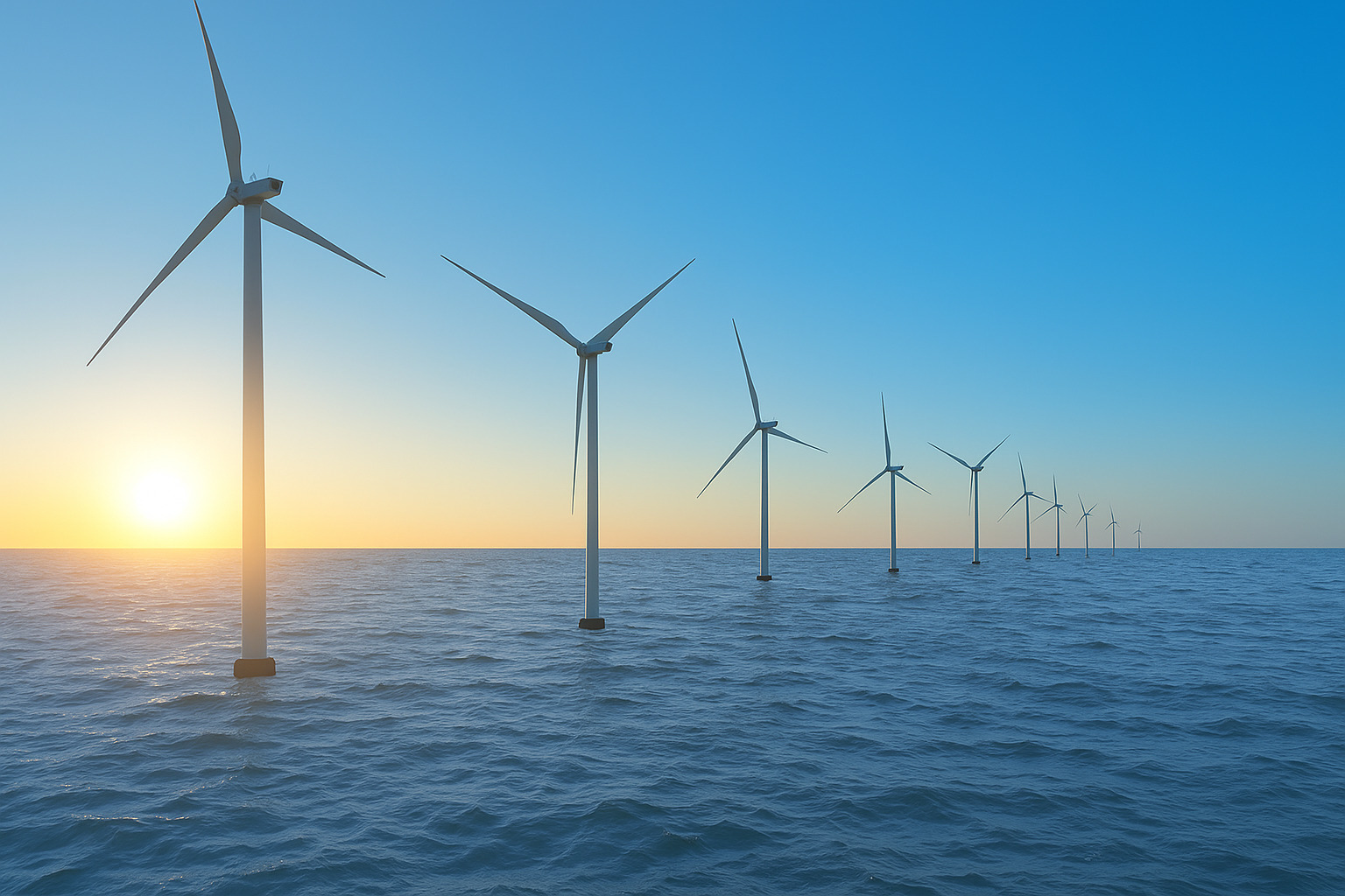 Parque eólico offshore com turbinas de energia limpa sob céu azul sem nuvens.