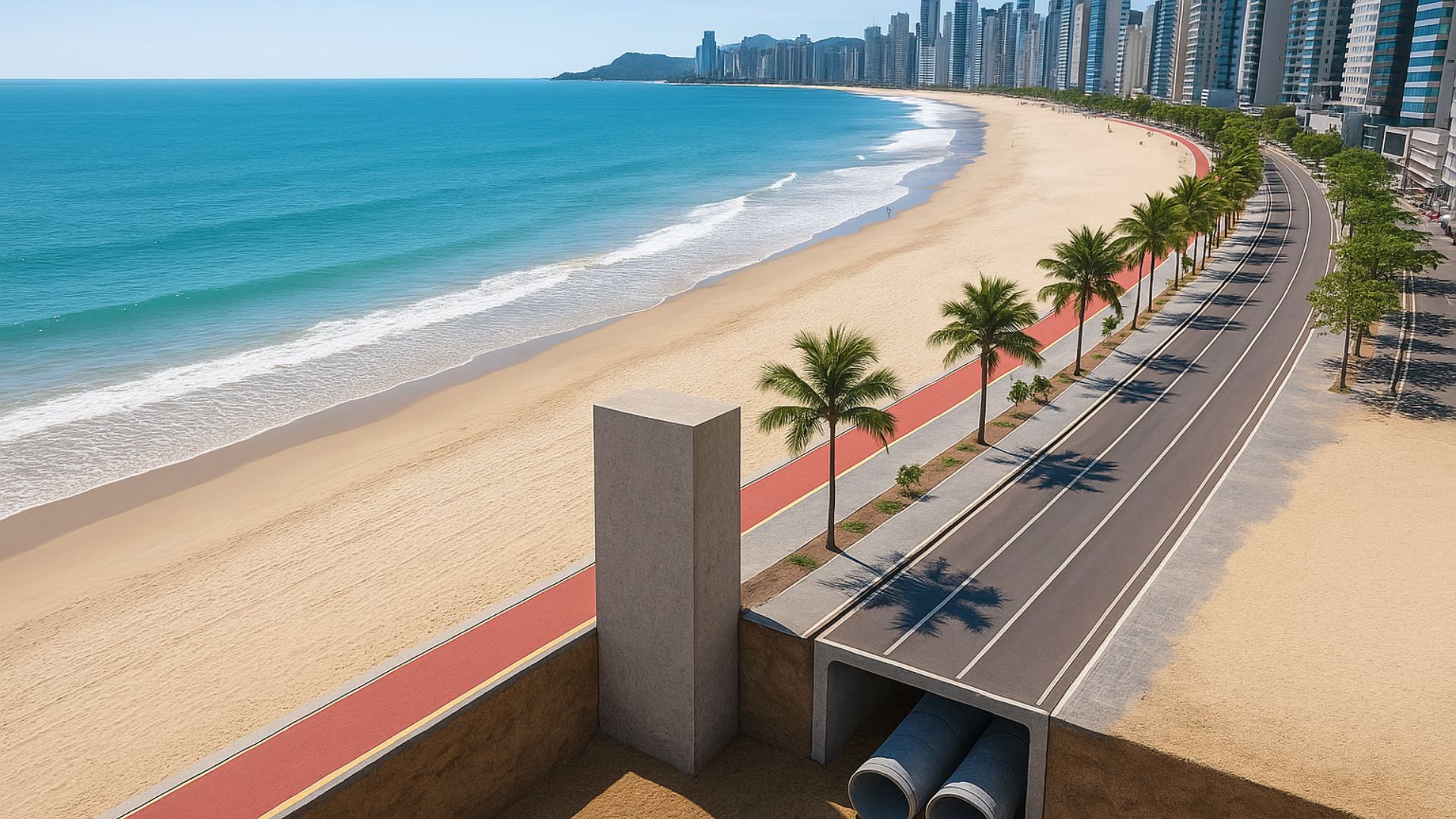 Balneário Camboriú constrói muro subterrâneo de 6 km com drenagem de 12 mil L/s e revitalização da orla para conter erosão costeira