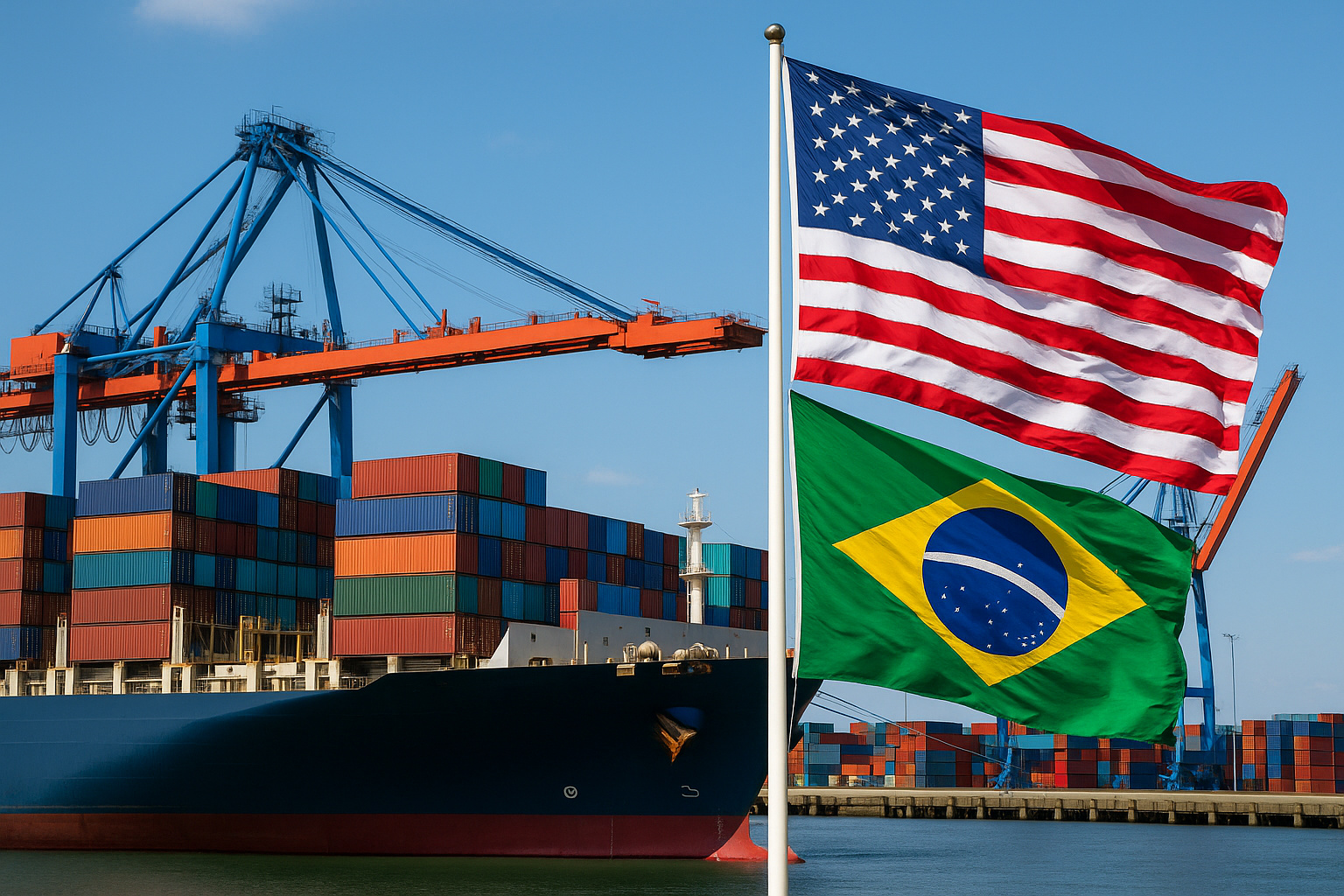 Porto brasileiro com contêineres e bandeiras do Brasil e dos EUA, simbolizando exportações afetadas por tarifas e a prorrogação do drawback.