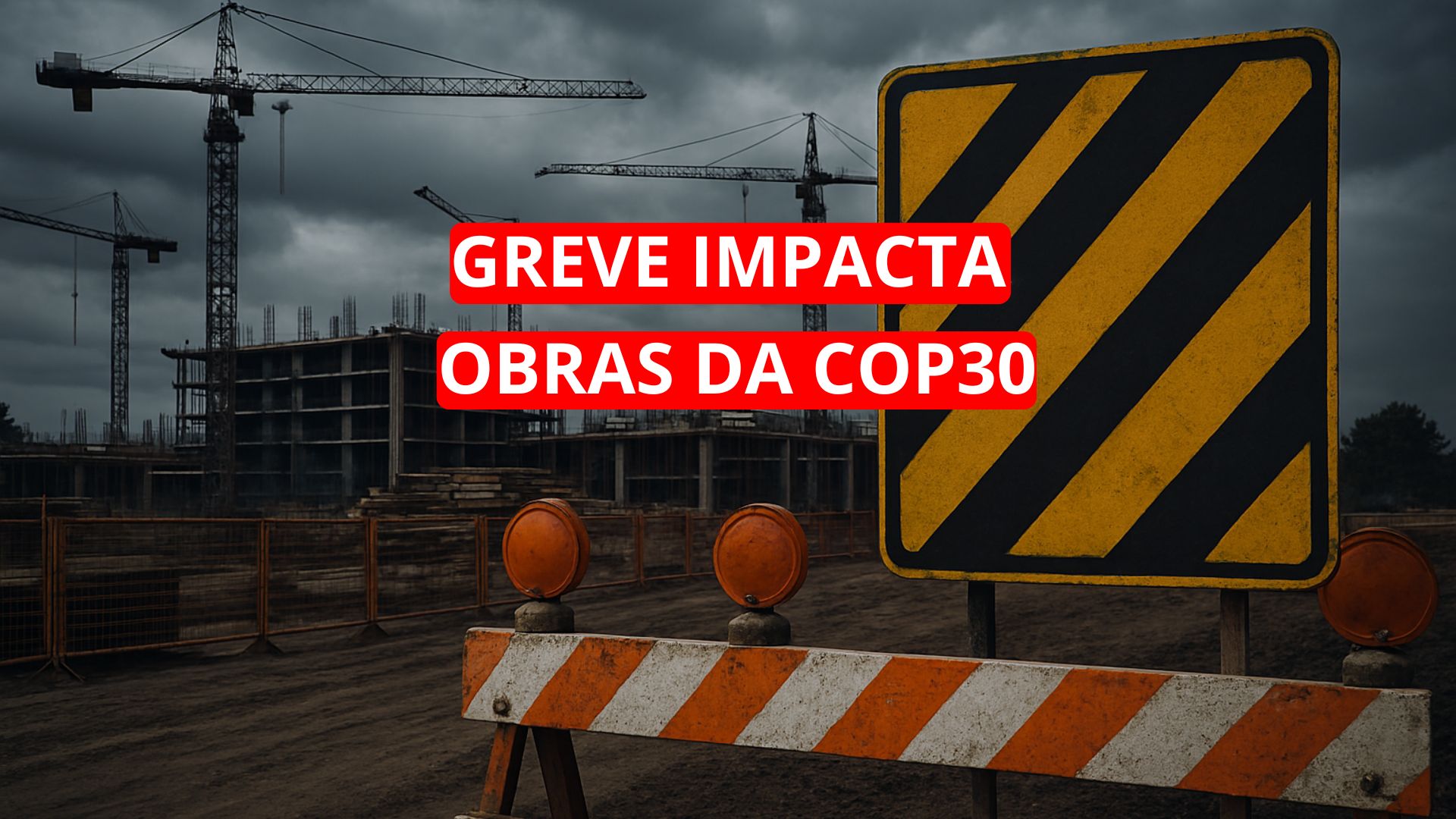 Obra paralisada com guindastes e sinalização de alerta sob céu nublado, representando a greve na construção civil em Belém antes da COP30.