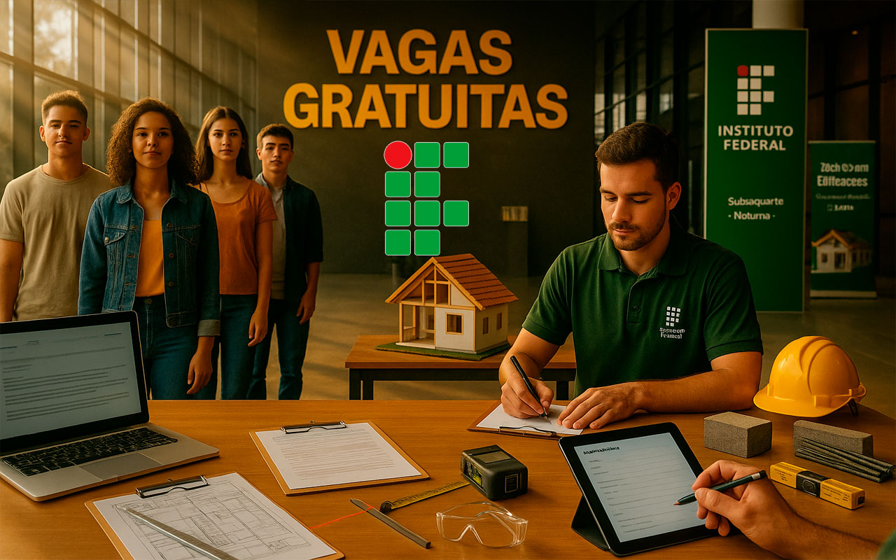 Instituto Federal libera vagas para curso técnico gratuito em Edificações, com aulas no período noturno e duração média de dois anos, no Mato Grosso do Sul