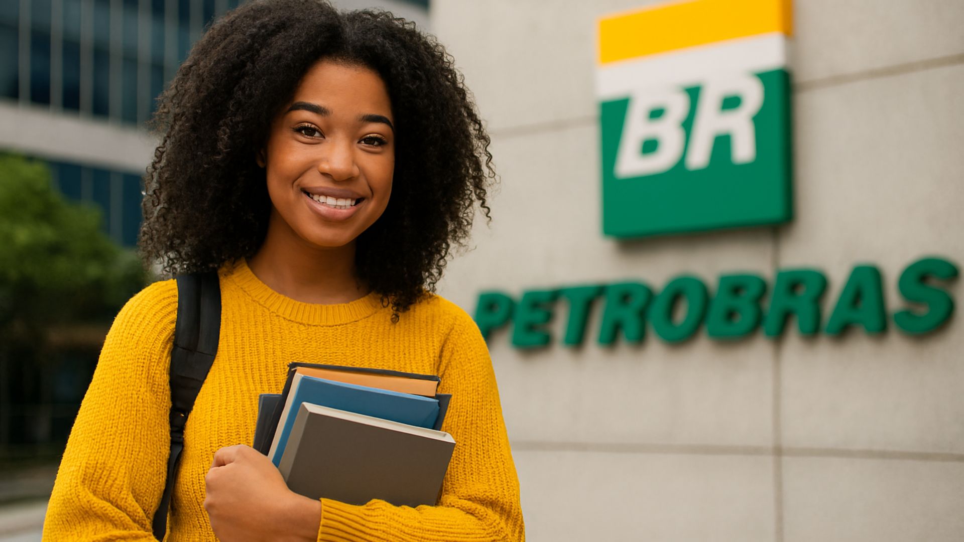 Jovem sorridente segurando livros em frente à sede da Petrobras, representando inclusão e oportunidades educacionais no Programa Jovem Aprendiz.