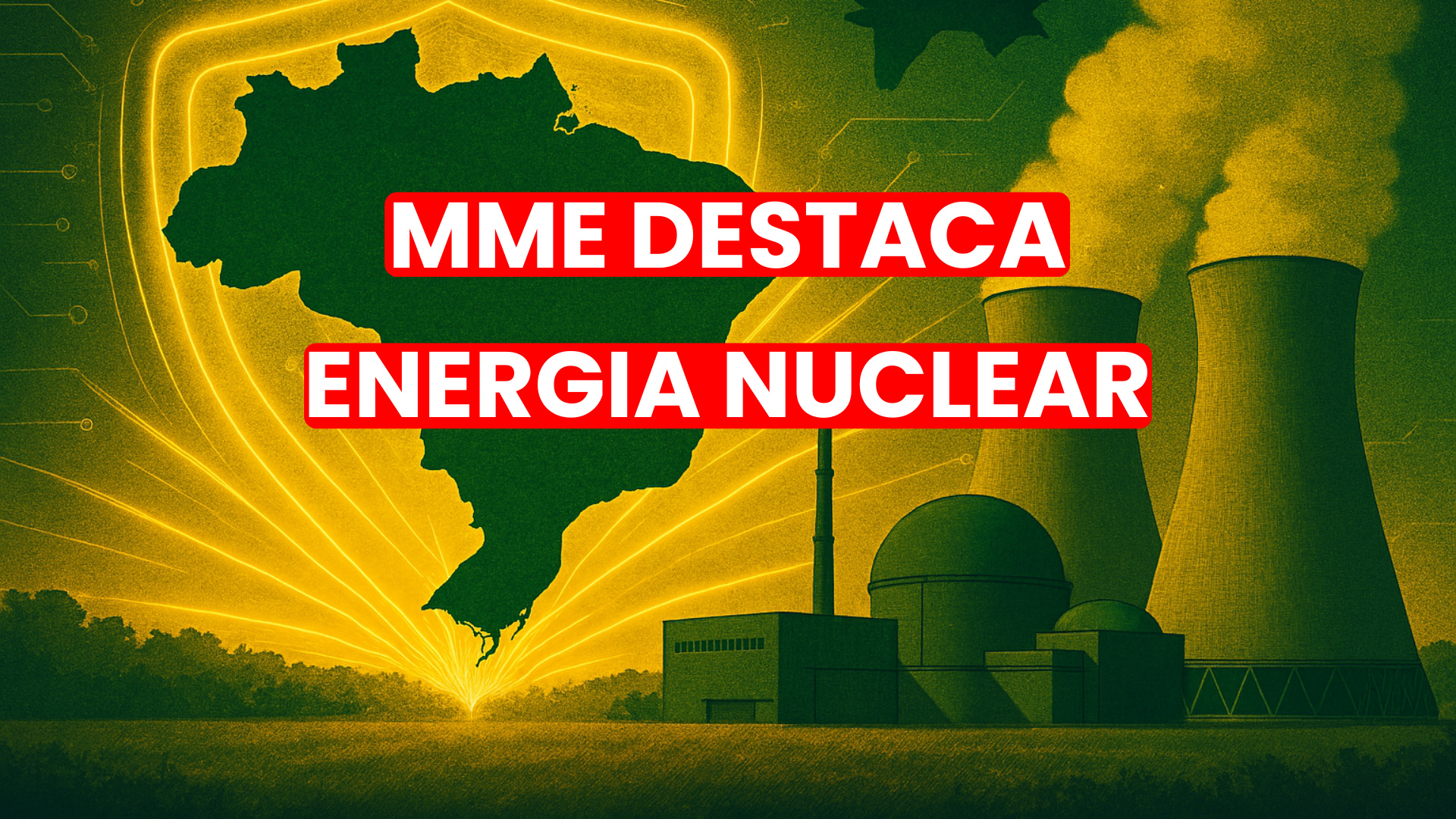 Ilustração estilizada do mapa do Brasil com linhas de energia irradiando da região Sudeste, sobreposta a uma imagem de usinas nucleares com torres de resfriamento emitindo vapor, em tons de verde e amarelo.
