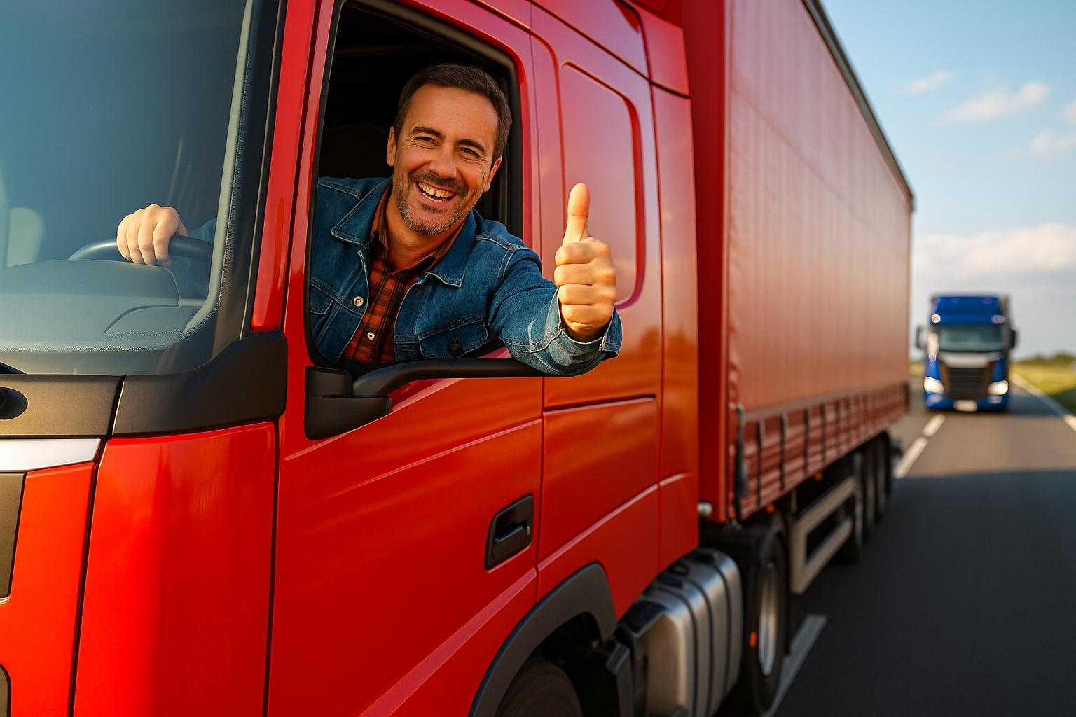 Caminhoneiro sorridente em caminhão vermelho na estrada com outro caminhão azul ao fundo.
