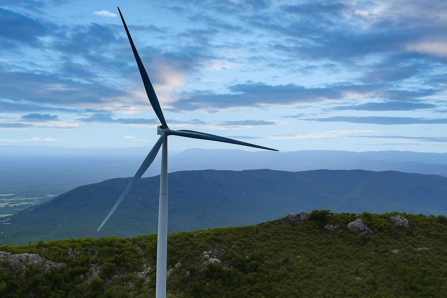 Turbina eólica em montanha sob céu parcialmente nublado ao meio-dia