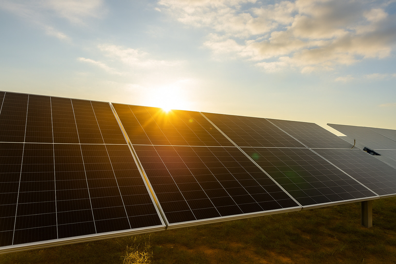 Painéis solares em campo com céu parcialmente nublado ao entardecer.