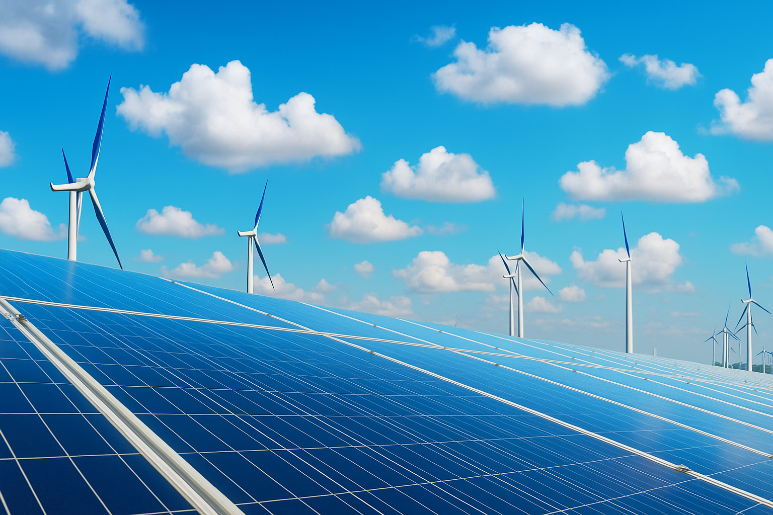 Painéis solares refletindo o céu azul com nuvens e turbinas eólicas ao fundo em área de energia renovável.