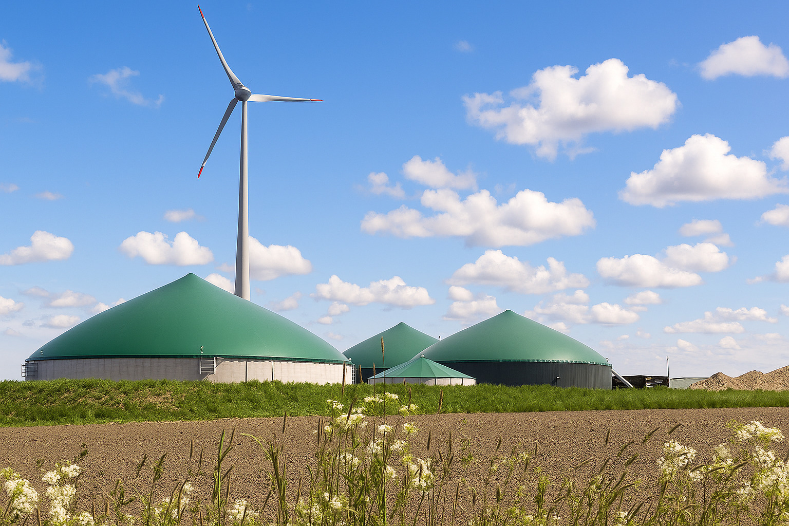 Instalação de energia renovável com turbina eólica e tanques de biogás em área rural sob céu azul com nuvens.