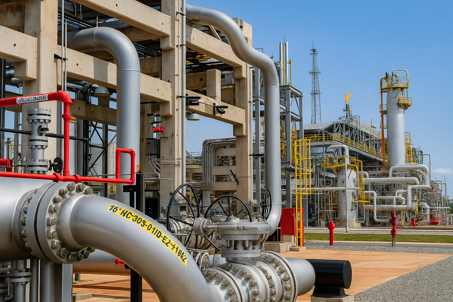 Estrutura industrial com tubulações metálicas em destaque sob céu limpo.