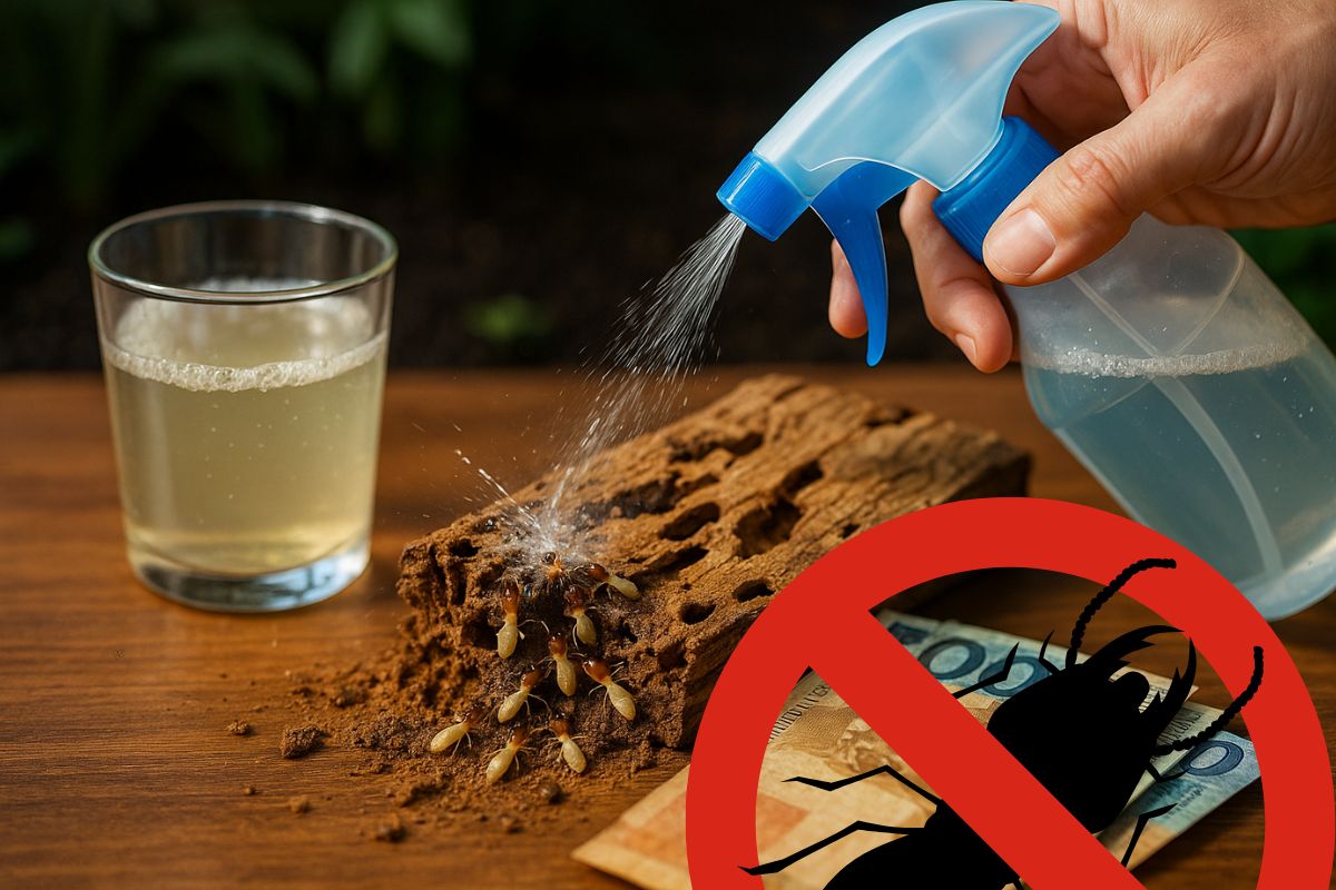 Mistura caseira de água, vinagre e detergente elimina cupins por contato em até 10 segundos; veja receita do Pomar e Horta Sustentáveis e limites do método.