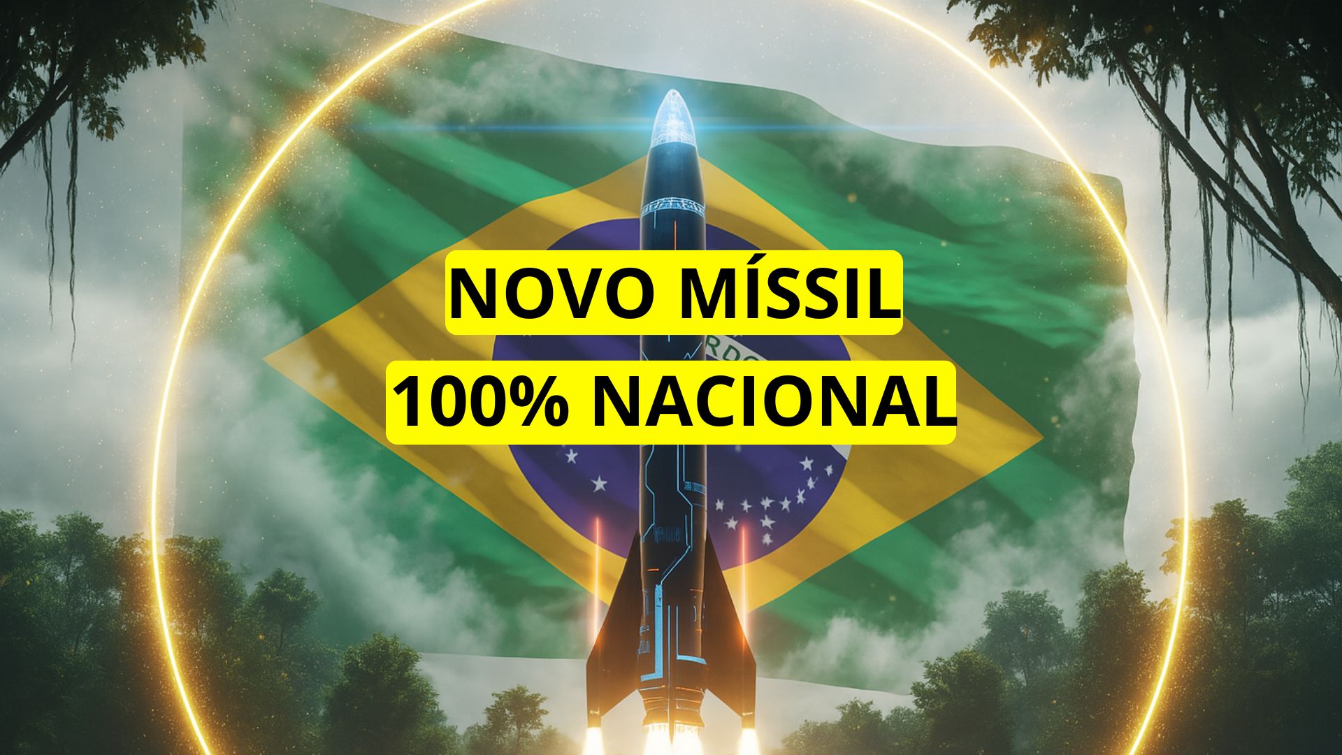 Míssil em ascensão diante da bandeira do Brasil, representando avanço tecnológico e soberania nacional.