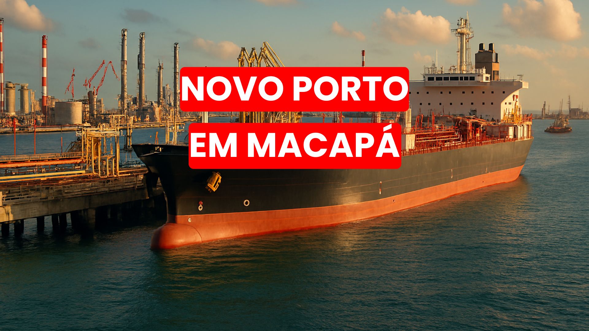 Navio petroleiro atracado em porto industrial com infraestrutura moderna e instalações para carga e descarga de petróleo.