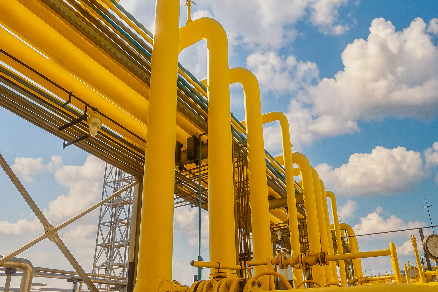 Estrutura industrial com tubos amarelos e céu azul com nuvens ao fundo.