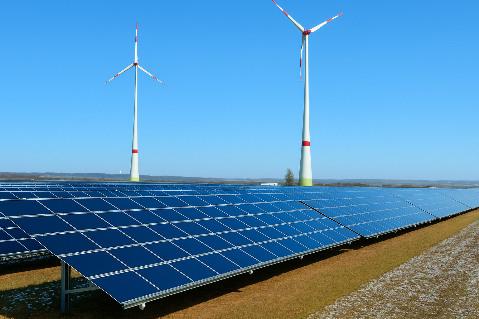 Painéis solares e turbinas eólicas sob céu limpo em dia ensolarado.